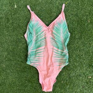 Xhilaration Pink/ Green Women’s size L One Piece Swimsuit Ruched v neck padded